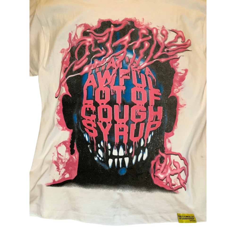 Thats A Awful Lot Of Cough Syrup Graphic T-Shirt White Pink Blue Mens Large - Picture 2 of 4